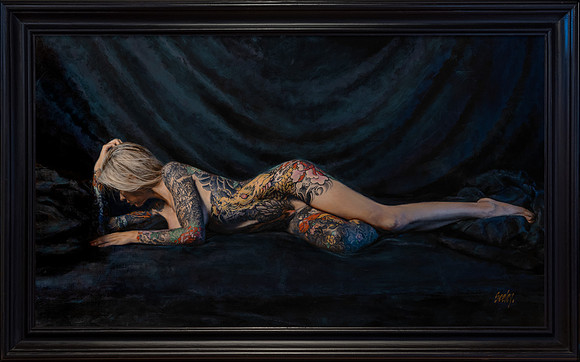 Hear Me Roar - 33” x 58” Image Area - 41” x 66” framed - oil on canvas on panel - framed in Larsen Juhl Black Enamel Hardwood