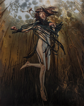 The Prince and the Pond Witch - Oil on Canvas on Panel - 42 1/2“ x  33 1/2" Image Area in 50 1/2” x 41 1/2” Black Enameled Larson Jhul Hardwood Frame