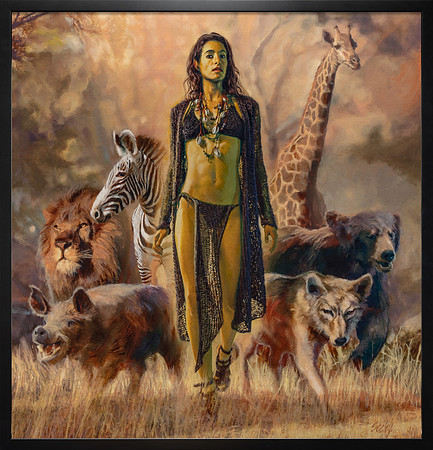 The Goddess Animalia - Oil on Canvas on Panel - 36 1/4" x 34 3/4" Image Area in black Larson Jhul Shadowbox Frame - available at Abend Gallery - $6,200