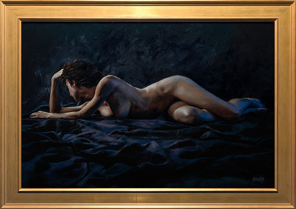 Audrey #1 The Thinker - 24” x 36” Image Area - 29” x 41” framed - oil on canvas on board - framed in Larsen Juhl Plein Air Gold Leaf