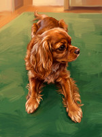 transform in to painting. Make carpet solid green. turn dog's head to our right_