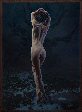 Schneewittchen ~ Snow White - 43,5" x 31.5" image area, 45.5" x 33.5" framed - Oil on canvas on panel - in Mahogany Narrow Profile Float Frame - Infected by Art - $9,400