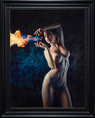 FireStarter - 40” x 30.5” Image Area - 48” x 39” framed - oil on canvas on board - framed in black and gold leafed Larson Juhl hardwood - available via Abend Gallery -   $8,250
