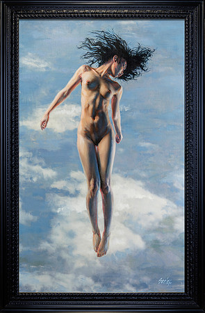 Lynne #1 Transcendent - 26.5” x 44” Image Area - 32” x 49.5” framed - oil on canvas on board - framed in black and gold leafed Larson Juhl hardwood