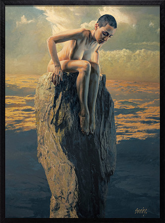 Pedestal - Oil on Canvas on Board - 43.5" x 31.5" Image Area - 44" x 32" framed in 1” width and 2.5” deep black lacquered hardwood