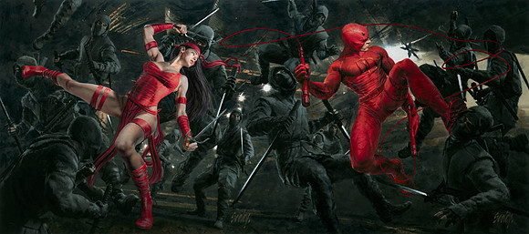 Magic The Gathering: Marvel Super Heroes - Daredevil, Fearless Fighter & Elektra, Femme Fatale - 27" x 61" - Oil On Canvas On Panel - Unframed - Inquire $$$