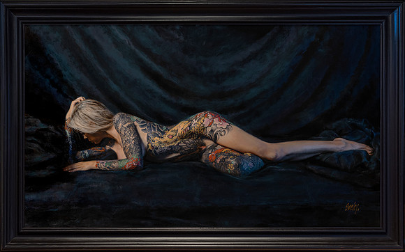 Sarah #2 - Hear Me Roar - 33” x 58” Image Area - 41” x 66” framed - oil on canvas on panel - framed in Larsen Juhl Black Enamel Hardwood