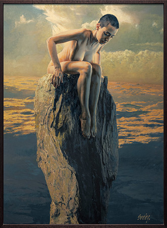 Pedestal - Oil on Canvas on Board - 43.5" x 31.5" Image Area - 45" x 33" framed in 1” width and 2.5” deep black lacquered hardwood - available at Abend Gallery - $10,300