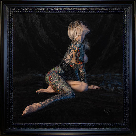 Sarah #1 - The Illustrated Woman - 38” x 38” Image Area - 46” x 46” framed - oil on canvas on board - framed in Larsen Juhl Black Enamel Hardwoo