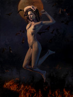 Lilith - Blood Moon Rite - 43.5" x 33" image - 45.5"x 35" framed - oil on canvas on panel - framed in Mahogany Float Frame