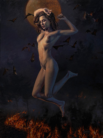 Lilith - Blood Moon Rite - 43.5" x 33" image - 45.5"x 35" framed - oil on canvas on panel - framed in Mahogany Float Frame