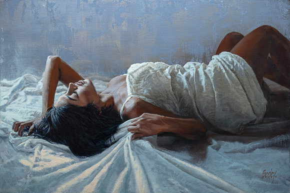Gabrellia #2 wRapt - 24” x 36” Image Area - 30” x 42” framed - oil on canvas on board - framed in Larsen Juhl Plein Air Gold Leaf