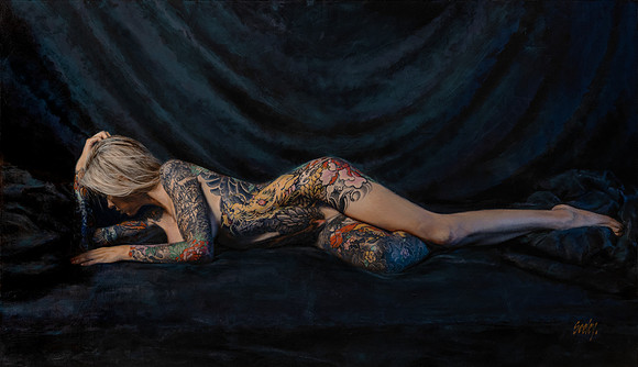 Sarah #2 - Hear Me Roar - 33” x 58” Image Area - 41” x 66” framed - oil on canvas on panel - framed in Larsen Juhl Black Enamel Hardwood