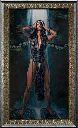 Circe - 31" x 55" Image Area - 38.75” x 64.75” framed - oil on canvas on board - framed in distressed silver and gold leafed Larson Juhl hardwood. $8,500