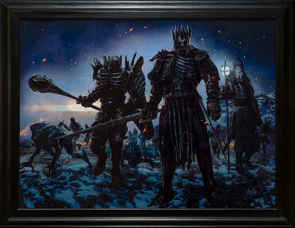 The Witcher:  The Wild Hunt - The Wraiths of Mörhogg - Sundown - Oil on Canvas on Panel - 39 1/2" x 29 1/4" image in 45" x 34 3/4" Black Enameled Larsen Jhul Distressed Wood Frame.  $6,500