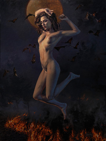 Lilith - Blood Moon Rite - 43.5" x 33" image - 45.5"x 35" framed - oil on canvas on panel - framed in Mahogany Float Frame
