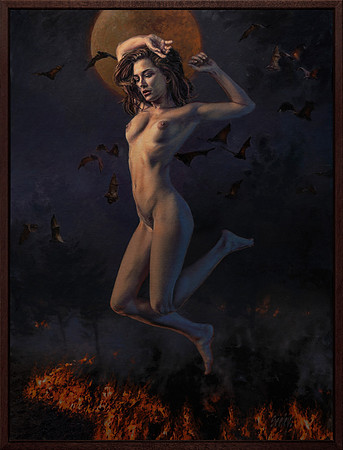Lilith - Blood Moon Rite - 43.5" x 33" image - 45.5"x 35" framed - oil on canvas on panel - framed in Mahogany Float Frame