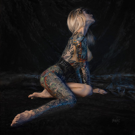 Belted - 38” x 38” Image Area - 46” x 46” framed - oil on canvas on board - framed in Larsen Juhl Black Enamel Hardwood