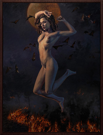 Lilith - Blood Moon Rite - 43.5" x 33" image - 45.5"x 35" framed - oil on canvas on panel - framed in Mahogany Float Frame