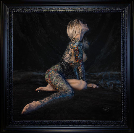 Belted - 38” x 38” Image Area - 46” x 46” framed - oil on canvas on board - framed in Larsen Juhl Black Enamel Hardwood
